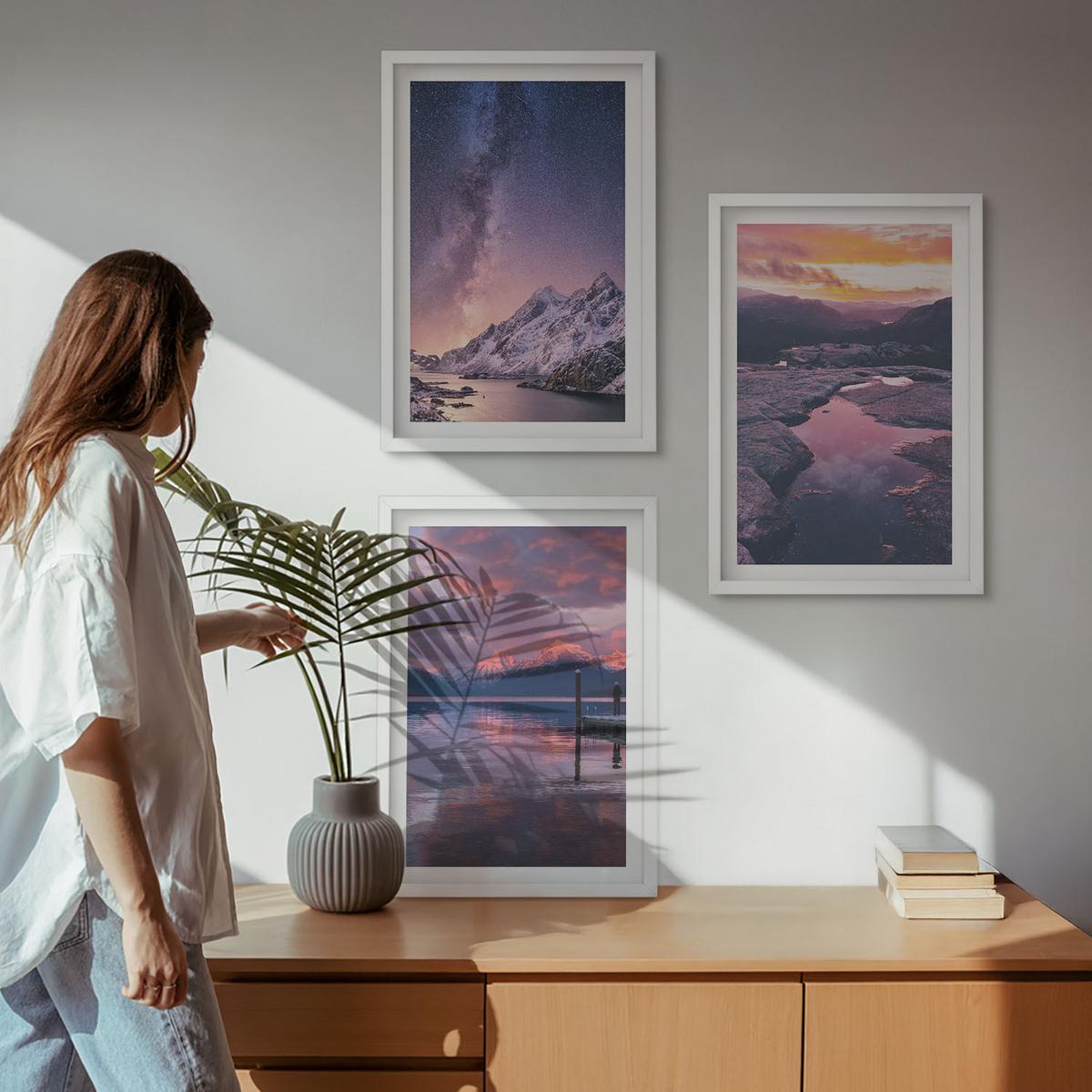 BILDER SET 3er Set - 40x60 cm Weißer Rahmen - Berge, Wasser, wunderschöne Landschaften - Weiß, Kunststoff (40/60cm) - TULUP