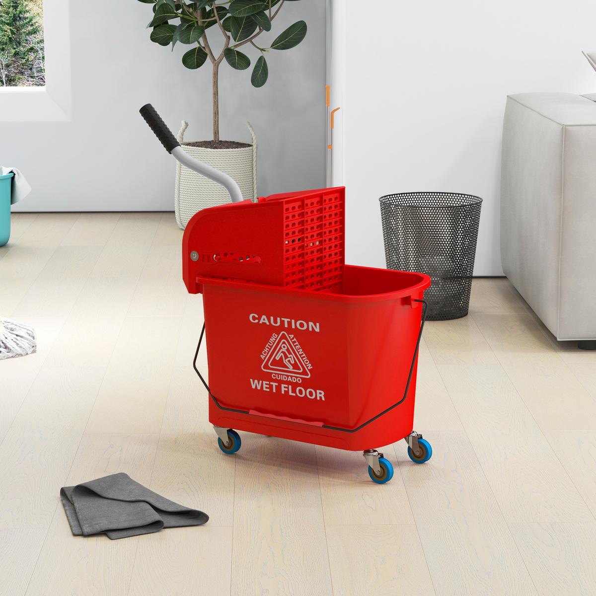 HOMCOM Kompakter Wischeimer mit Wringer und Rollen für die Bodenreinigung, 20 Liter, Separates schmutziges und sauberes Wasser, Rot - Rot, Kunststoff (27/70.5/60cm) - HOMCOM