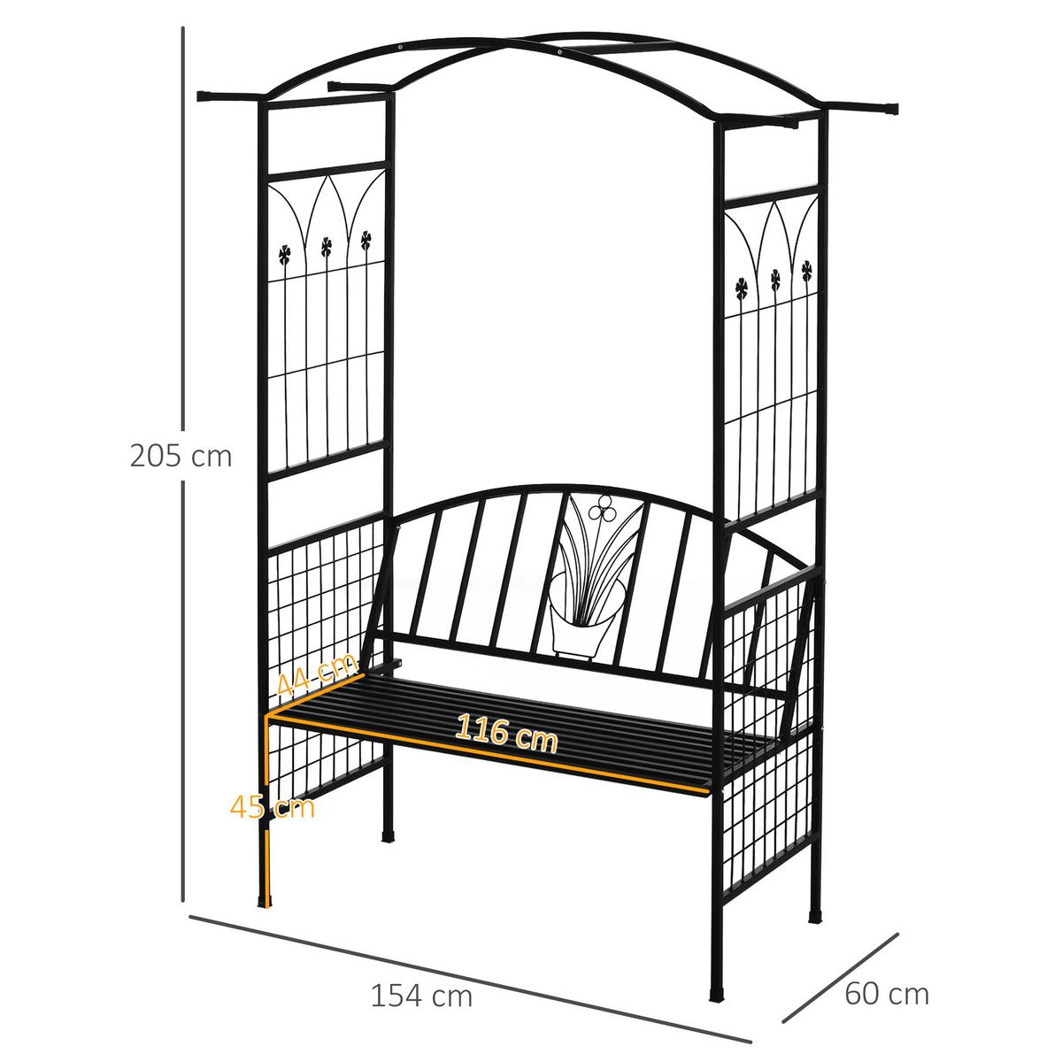 SITZBANK, Bogendach, 154 x 60 x 205 cm, Metall, Schwarz - Schwarz, Metall (60/205/154cm) - Outsunny