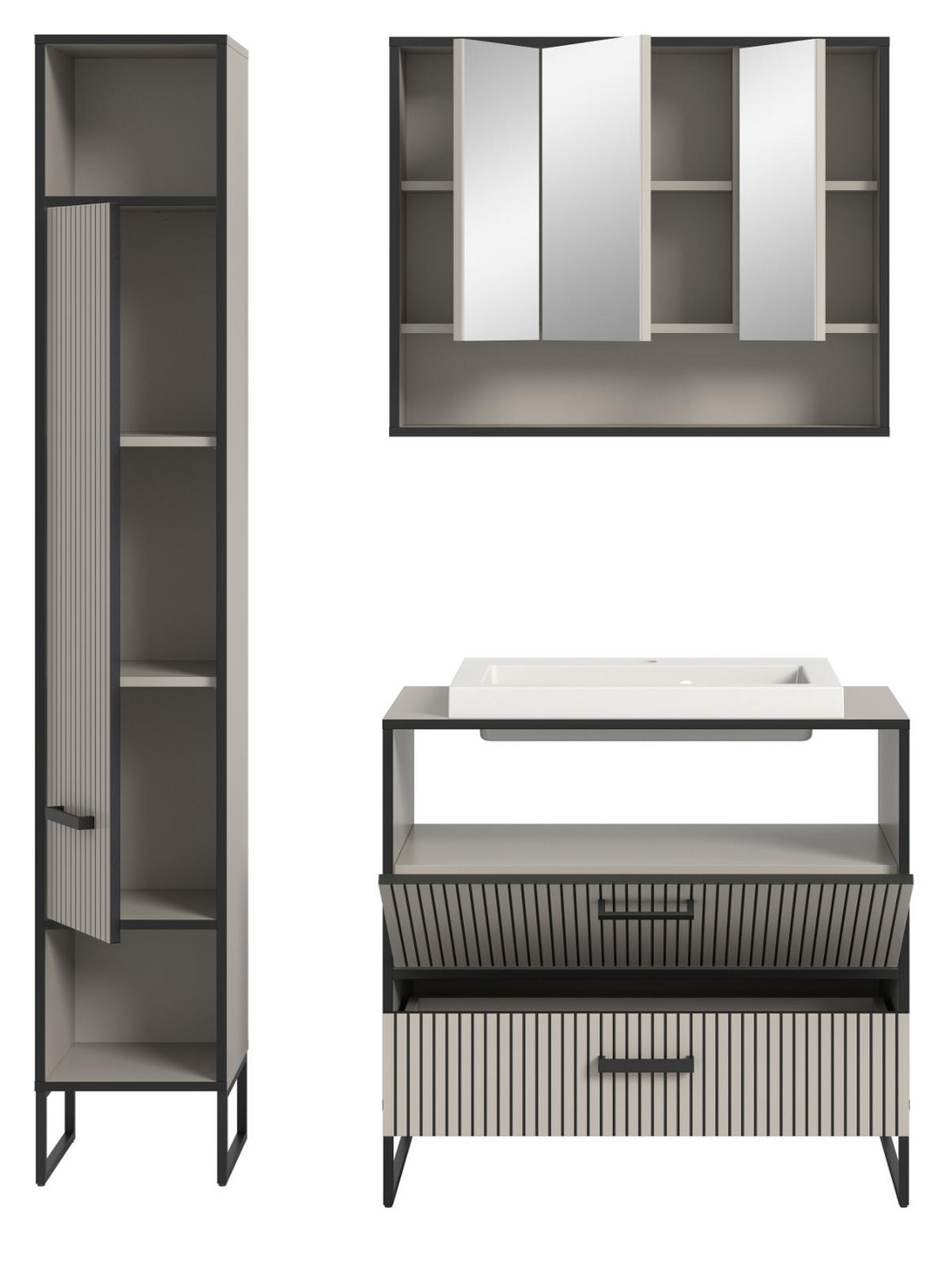 BADMÖBEL-SET schwarz, sand mit Waschbecken 125 cm, Kombination mit Soft-Close - Sandfarben/Schwarz, Glas/Keramik (125/192/48cm) - Inn.Furn