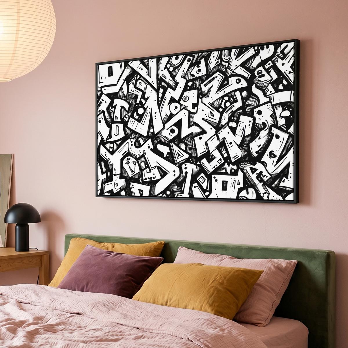 LEINWAND Bilder mit Rahmen - Formen - Buchstaben - Graffiti - Schwarz - 120x80 - Schwarz, Textil (120/80cm) - MuchoWow