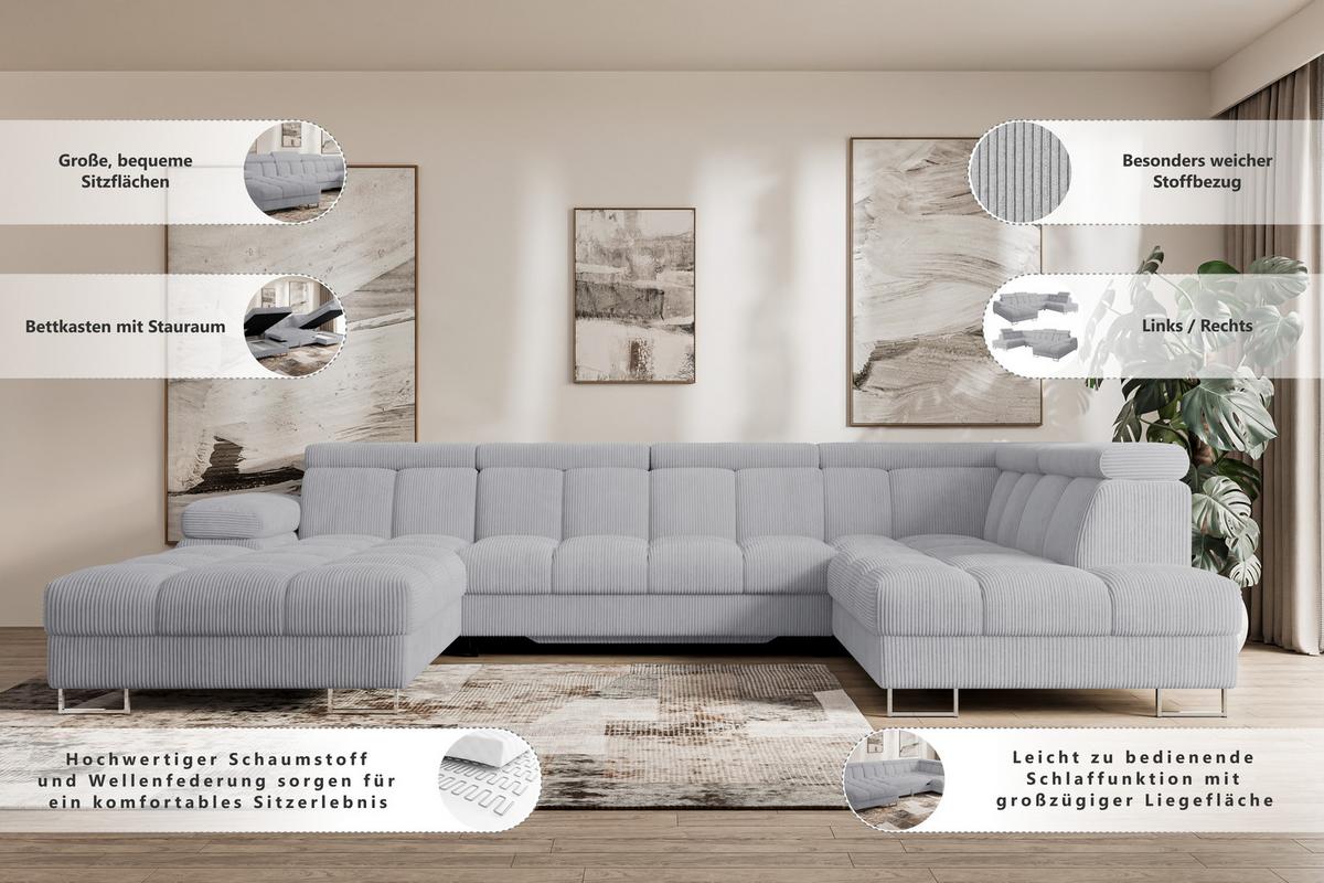 WOHNLANDSCHAFT mit Schlaffunktion und Bettkasten Ottomane RECHTS COMA U 345x203x79 Creme Velours - Creme, Holzwerkstoff/Textil (203/79/345cm) - ALTDECOR