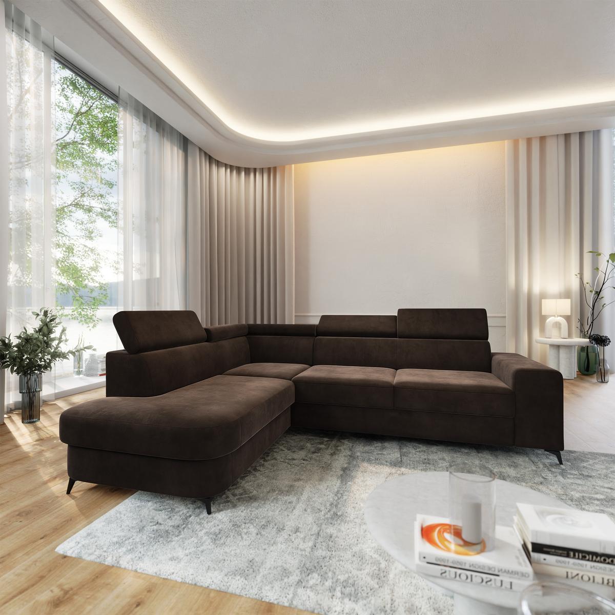 ECKSOFA ALVORO L-S Braun Velours-Stoff mit Schlaffunktion - Braun, Holz (253/190cm) - MASSENO
