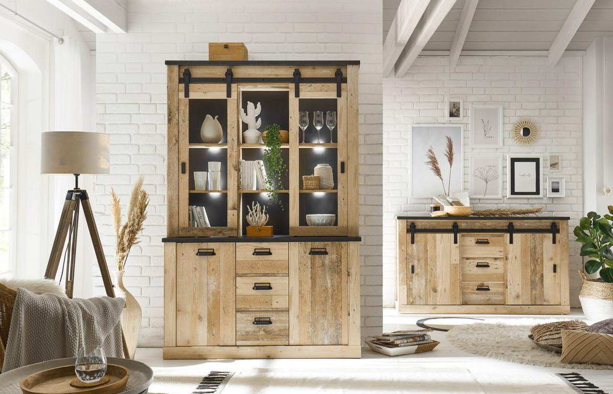 BUFFETSCHRANK Used Wood hell, anthrazit, Vitrinenschrank 133 x 201 cm - Eichefarben/Anthrazit, Holzwerkstoff/Metall (133/201/37cm) - Furn.Design