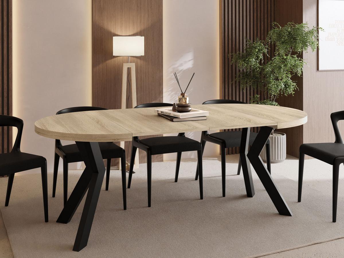 ESSTISCH Savio rund ausziehbar verlängerbar, Eiche Sonoma Hellbraun 90-190/90/77 cm - Schwarz/Sonoma Eiche, Holz/Holzwerkstoff (90/190/77cm) - WFL GROUP