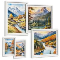 BILDER SET 5er Set - 50x50 cm & 20x30 cm & 40x60 cm Weißer Rahmen - Bergblick, Fluss, Herbst - Weiß, Kunststoff (40/60cm) - TULUP