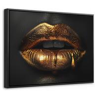 LEINWAND Bilder mit Rahmen - Frau - Porträt - Lippen - Gold - Schwarz - 40x30 - Schwarz, Textil (40/30cm) - MuchoWow