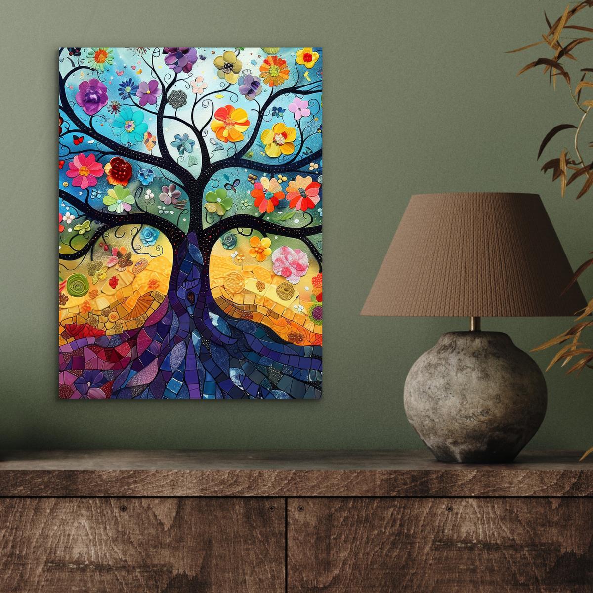 METALLBILD Kunst - Baum des Lebens - Blumen - Hippie 30x40 cm - Dunkelblau, Metall (30/40cm) - MuchoWow