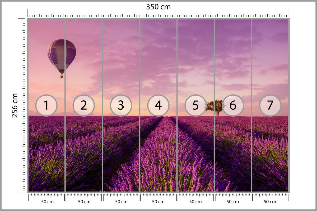 FOTOTAPETE für Wohnzimmer Lavendelfeld Heißluftballon Provence 350x256 - Violett/Lila, Papier (350/256cm) - Muralo