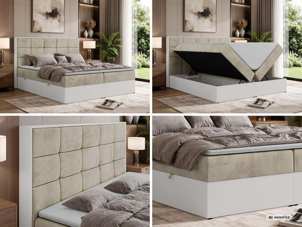 BOXBETT ALVIT 160/200 - Beige Velvet - Topper Visco - H3 - Beige/Schwarz, Kunststoff/Textil (160/200cm) - MKS