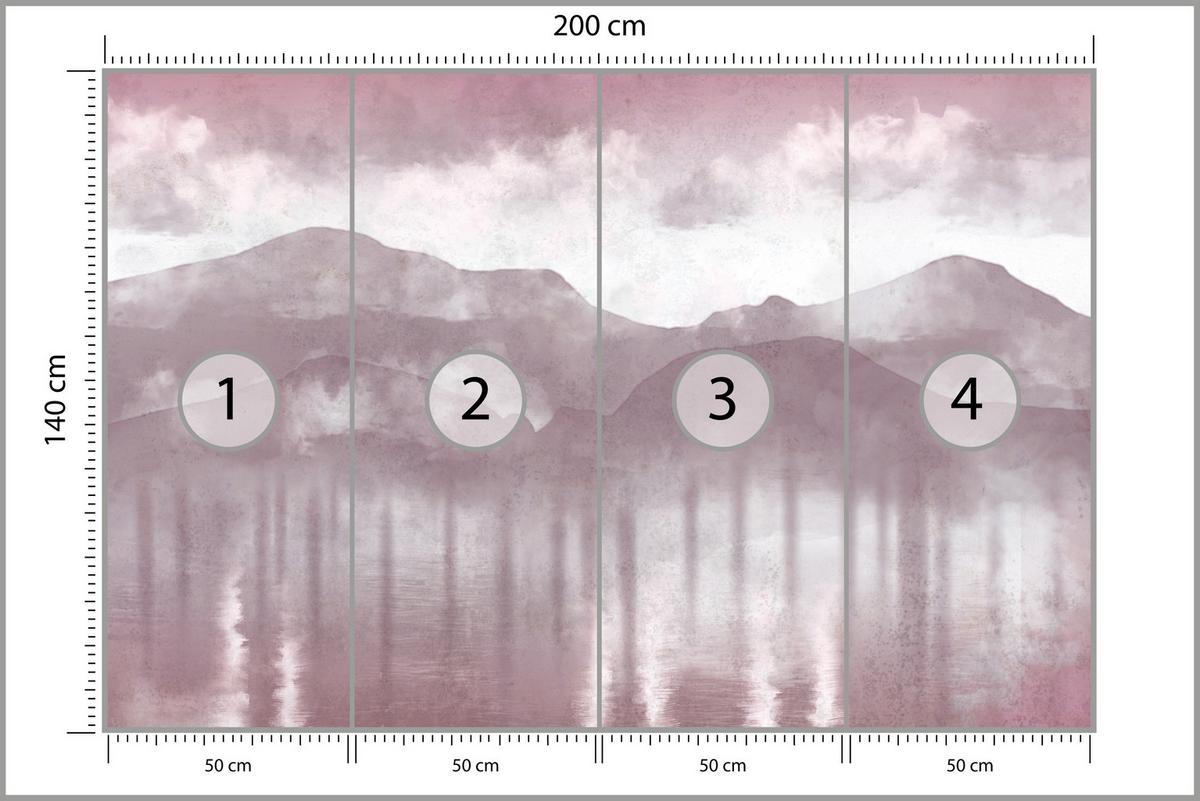 FOTOTAPETE Neblige violette Landschaft Berge 200x140 - Violett/Rosa, Papier (200/140cm) - Muralo