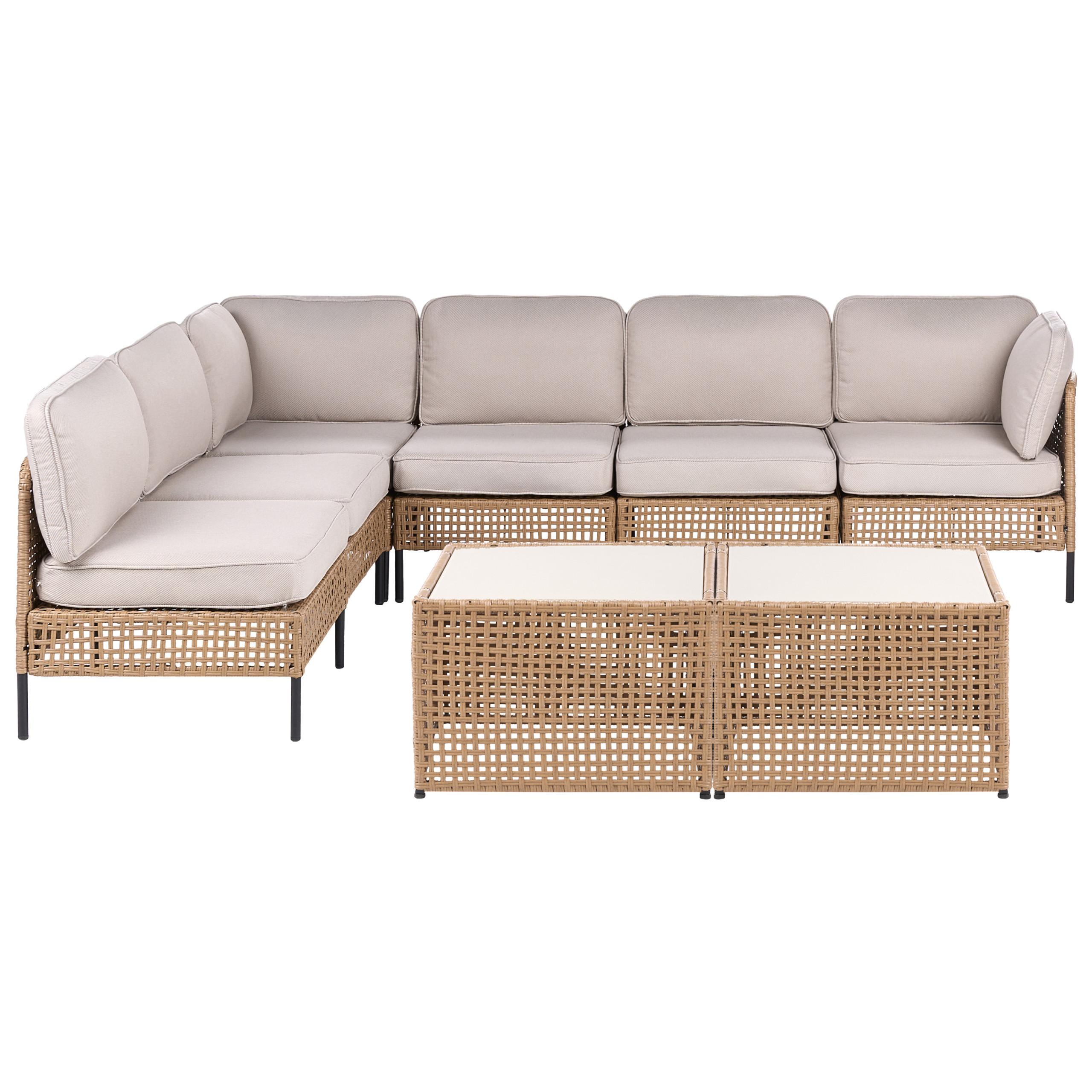 GARTEN-ECKSOFA mit Tisch 6-Sitzer modular Polyrattan Hellbeige Omegana - Beige/Schwarz, Kunststoff (276/207cm) - Beliani