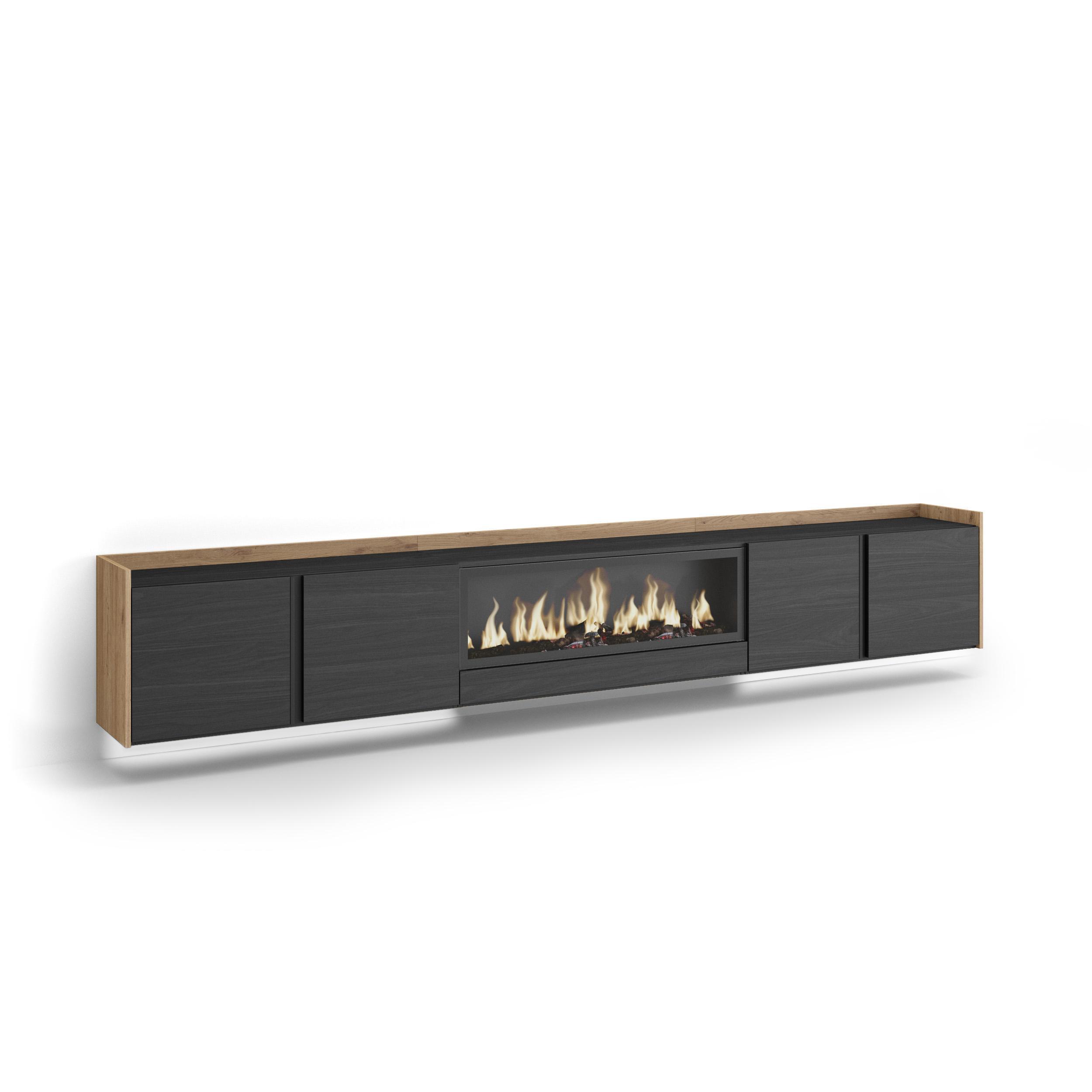LOWBOARD, Schwarz und Eiche, 315/35/50cm, Kamin mit Feuereffekt XXL - Schwarz, Holzwerkstoff (315/50/35cm) - Skraut Home
