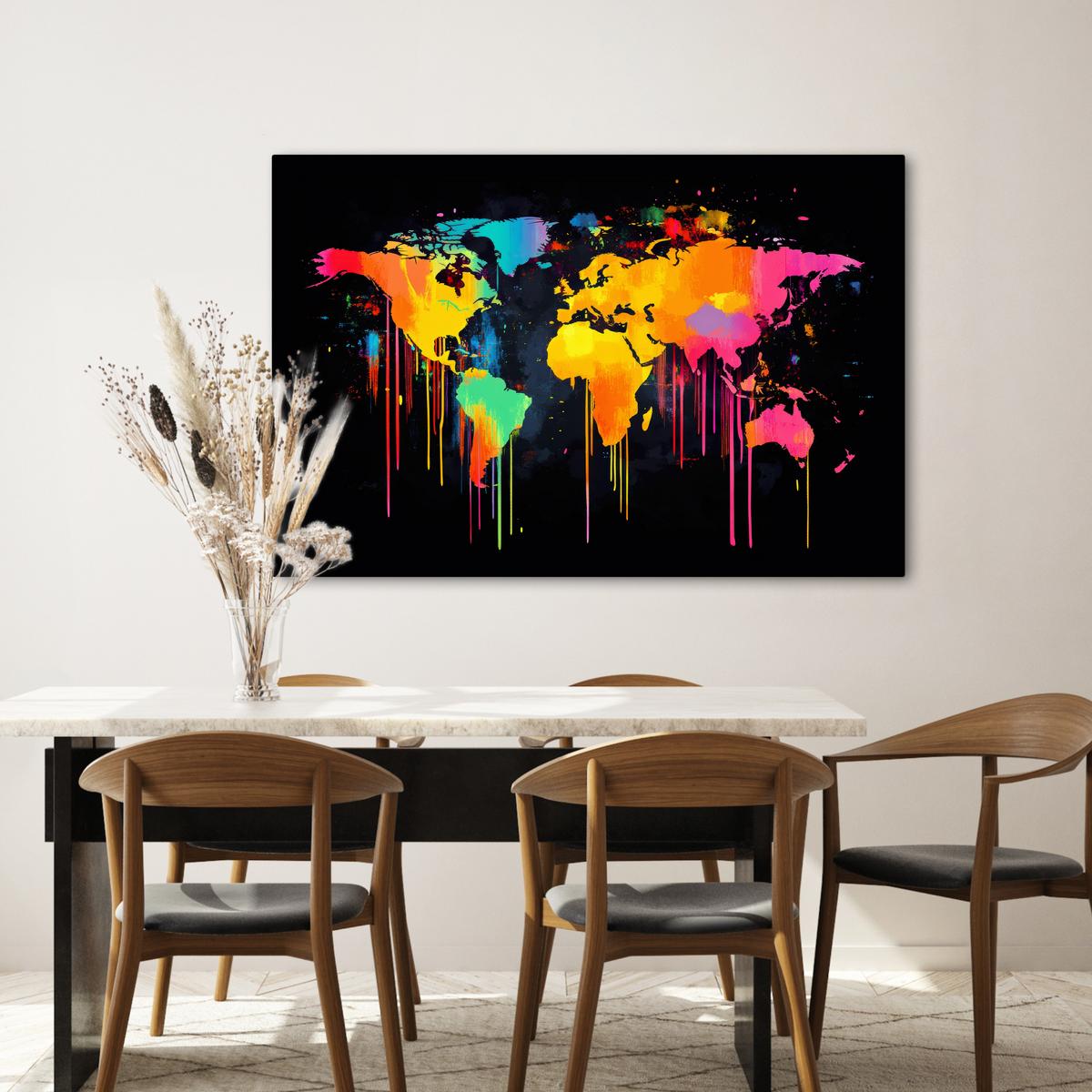 LEINWANDBILD Weltkarte - Farbe - Bunt - Graffiti - Welt Wohnzimmer Groß 120x80 cm - Multicolor, Textil (120/80cm) - MuchoWow
