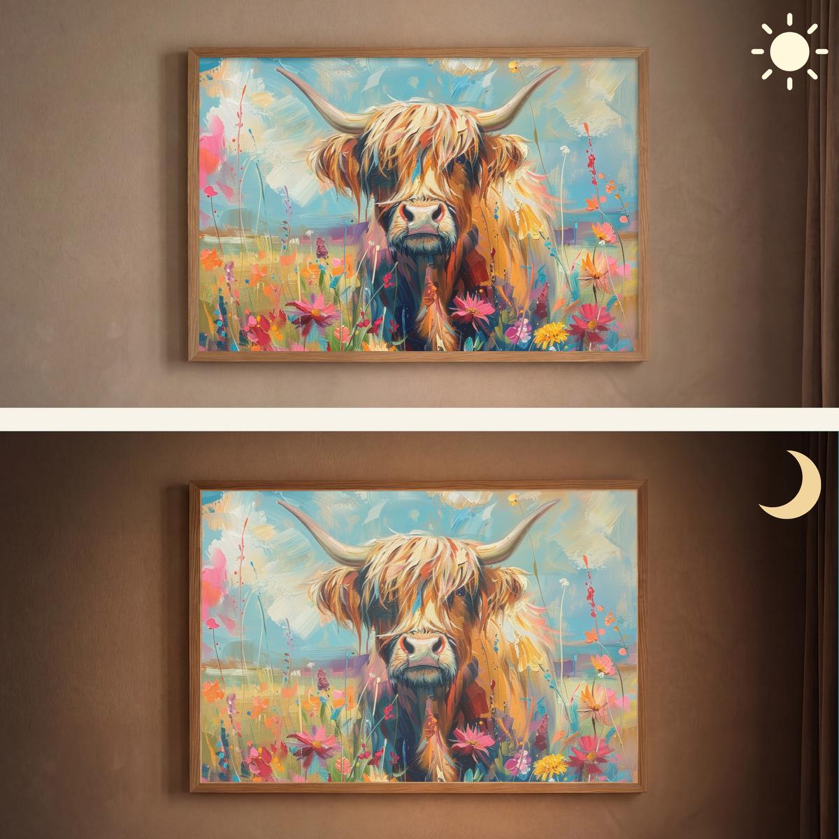WANDLEUCHTE MIT AKKU Schottische Hochländer - Natur - Farbenfroh - Blumen 90x60 cm - Multicolor, Holzwerkstoff (90/60/8cm) - OnlyWow