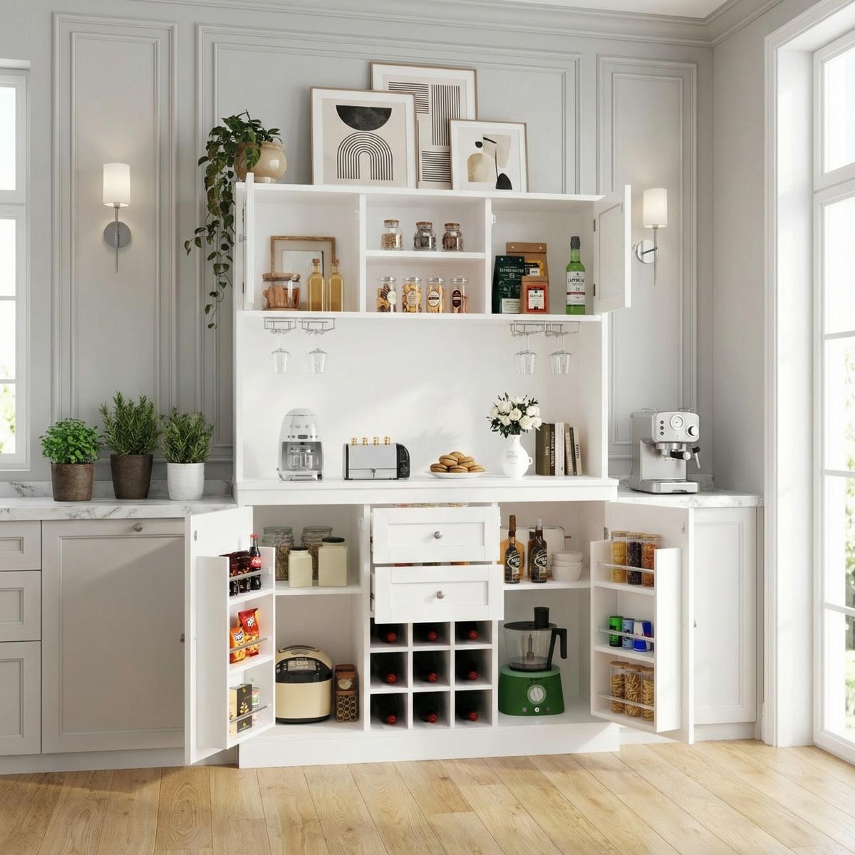 HIGHBOARD in Weiß mit Weinregal, Glashalter & Mikrowellenfach - Weiß, Holzwerkstoff (106/179/40cm) - Urban Meuble