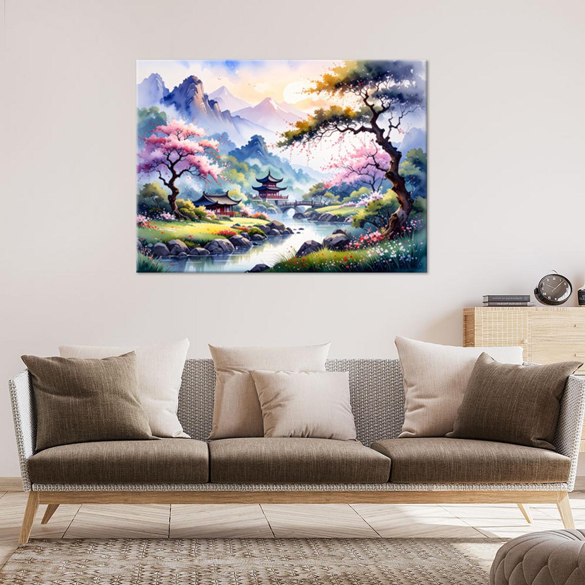 LEINWANDBILD, Japanische Pagode Pastelllandschaft - Multicolor, Textil (120/80cm) - Feeby