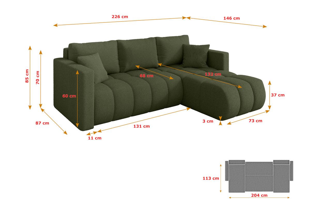 ECKSOFA mit Schlaffunktion Ottomane Rechts GARD-L 226x146x85 Grün Bouclé - Schwarz/Olivgrün, Holzwerkstoff/Kunststoff (226/146cm) - ALTDECOR