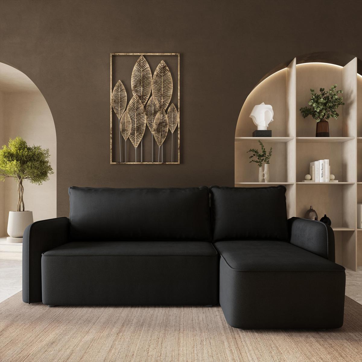 ECKSOFA DOLVER Schwarz Plüsch-Stoff mit Schlaffunktion - Schwarz, Holz (238/156cm) - MASSENO