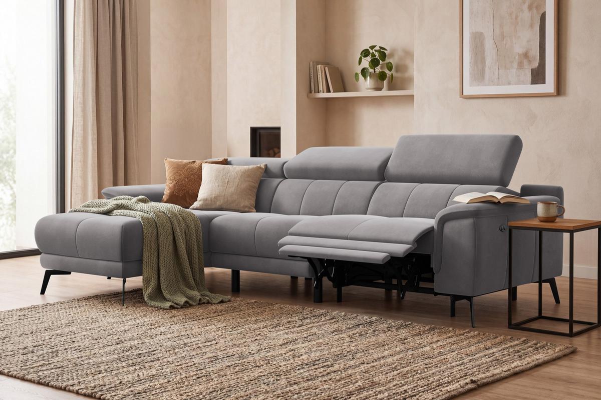 ECKSOFA FIERO 4-Sitzer LINKS, Dunkelgrauer Veloursstoff - Dunkelgrau/Schwarz, Holz/Textil (288/170cm) - Courtois Laville