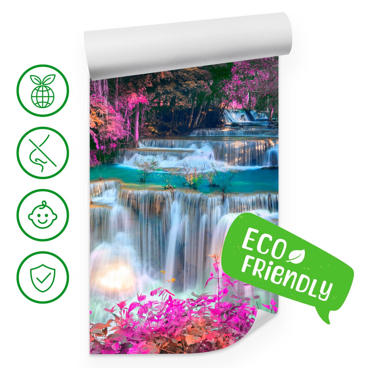 FOTOTAPETE für Schlafzimmer Wasserfall Pinker Wald Fantasie 300x210 - Türkis/Beige, Papier (300/210cm) - Muralo