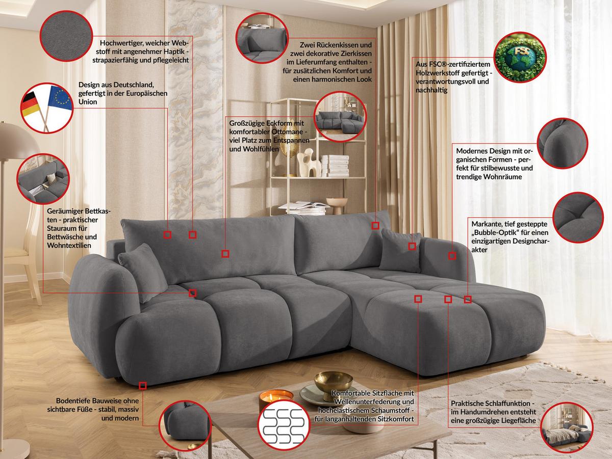 ECKSOFA Loretto aus natürlichem Taupe Webstoff mit Schlaffunktion, Bettkasten und tiefen Steppungen in Bubble-Optik - Taupe/Schwarz, Holz/Kunststoff (275/180cm) - S-Style