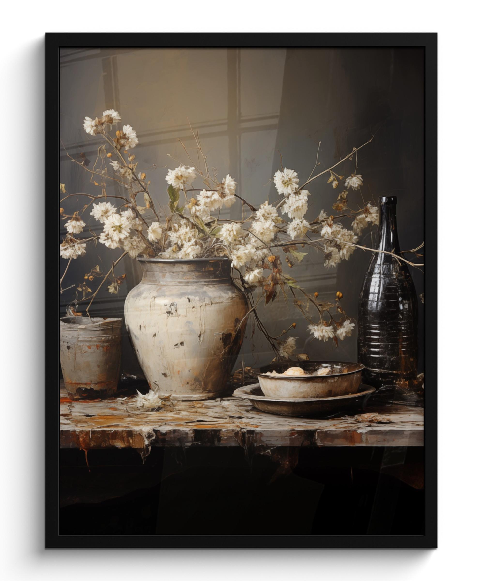 POSTER MIT RAHMEN Stilleben - Blumen - Blumenstrauß - Vase - Wein Posterleiste 60x80 cm - Schwarz, Papier (60/80cm) - MuchoWow