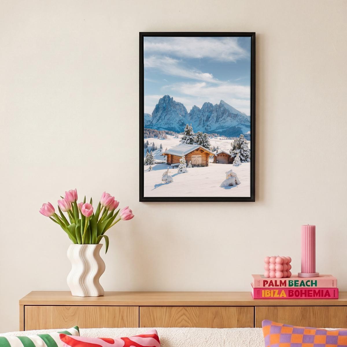 LEINWAND Bilder mit Rahmen - Winter - Hütte - Berge - Aussicht - Schnee - 20x30 - Eichefarben, Textil (20/30cm) - MuchoWow