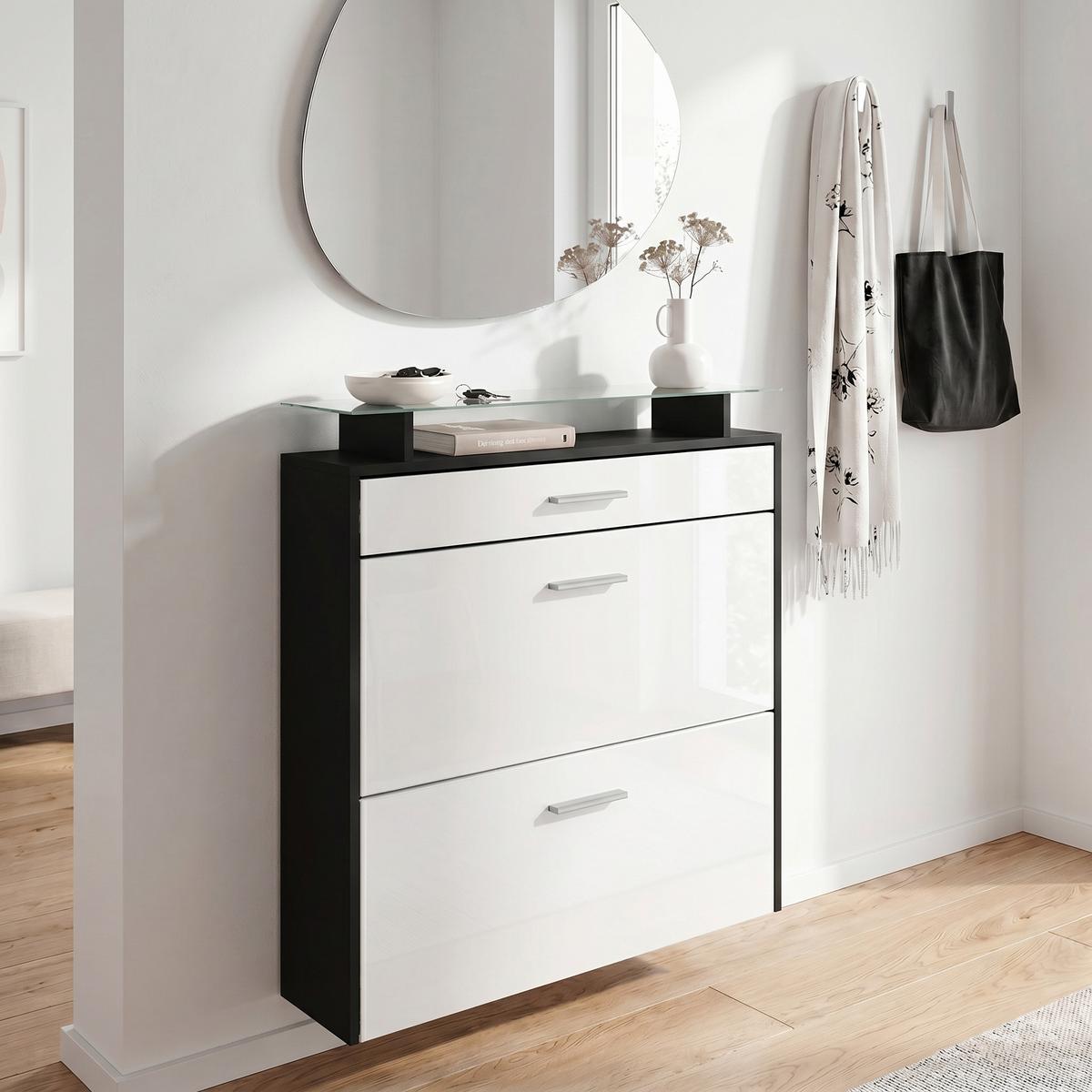SCHUHSCHRANK Malea Front in Weiß Hochglanz - Weiß Hochglanz, Holzwerkstoff (89/96/23cm) - Vladon