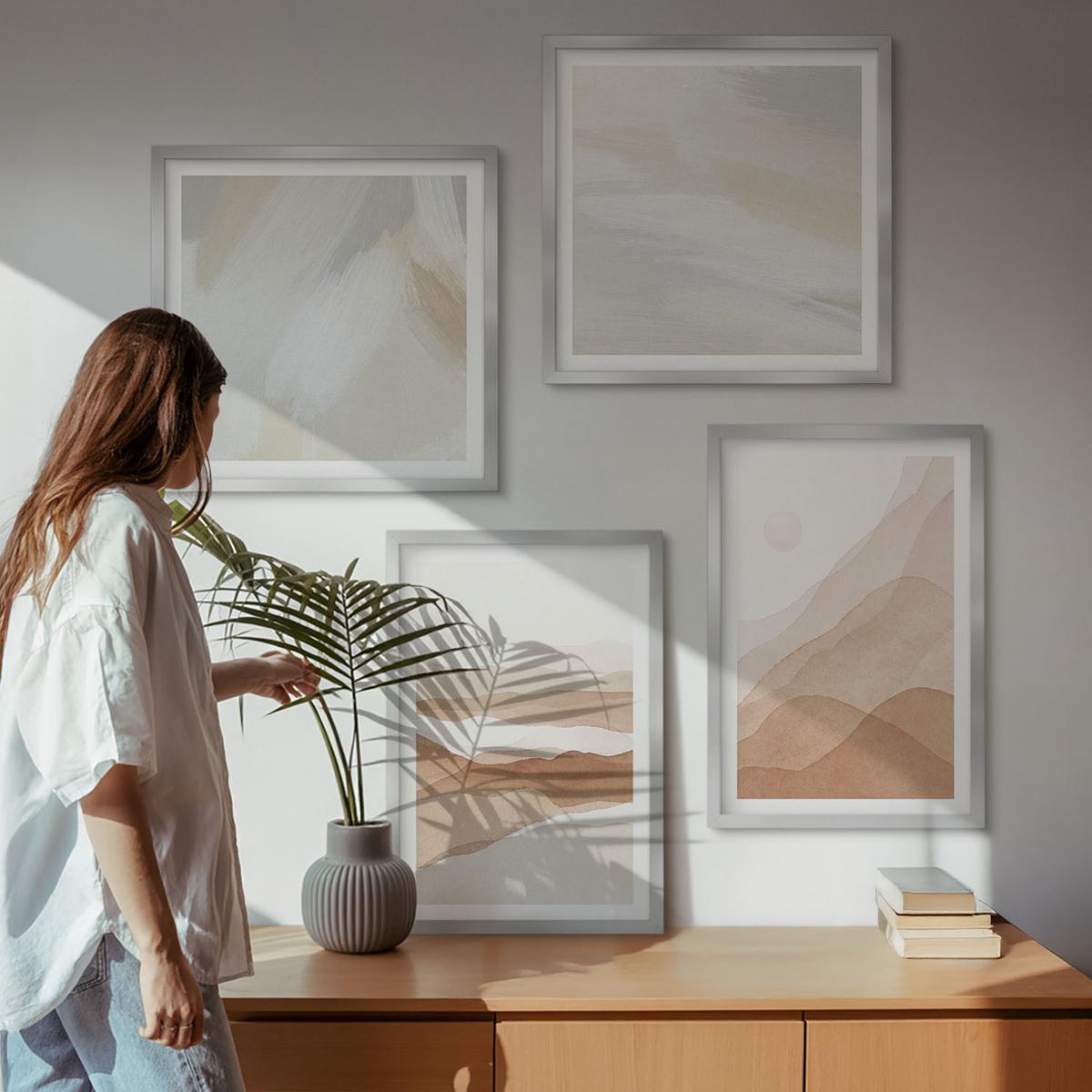 BILDER SET 4er Set - 50x50 cm & 40x60 cm Silberner Rahmen - Abstrakte braune Landschaften - Silberfarben, Kunststoff (50/50cm) - TULUP