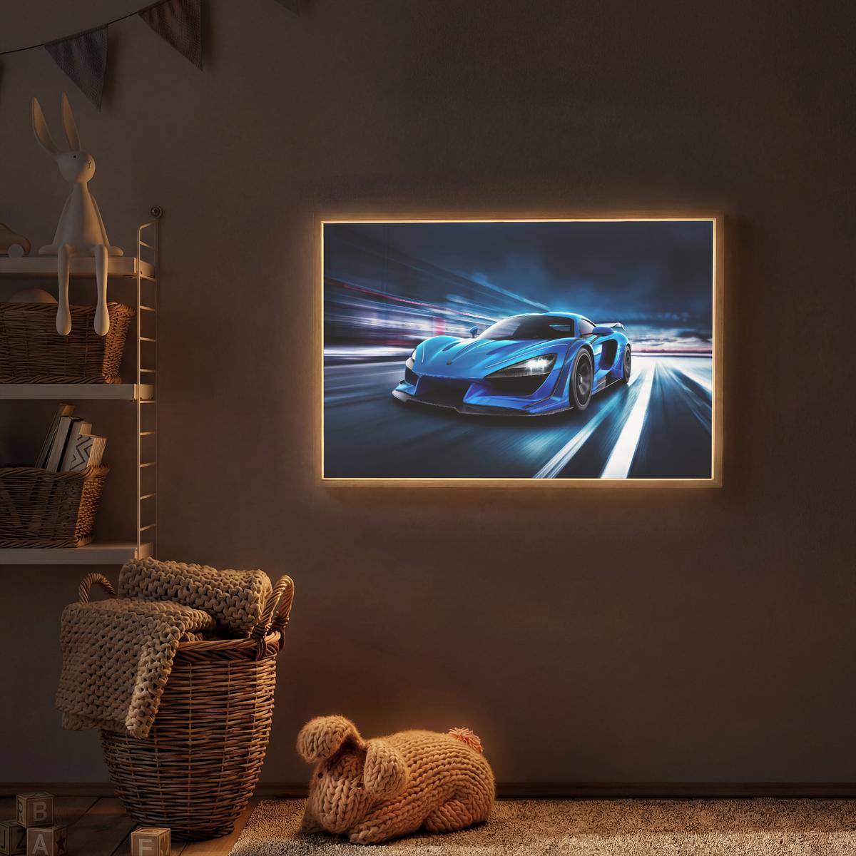 NACHTTISCHLAMPE MIT AKKU Auto - Blau - Jungen - Kind 90x60 cm - Blau, Holzwerkstoff (8/90/60cm) - OnlyWow
