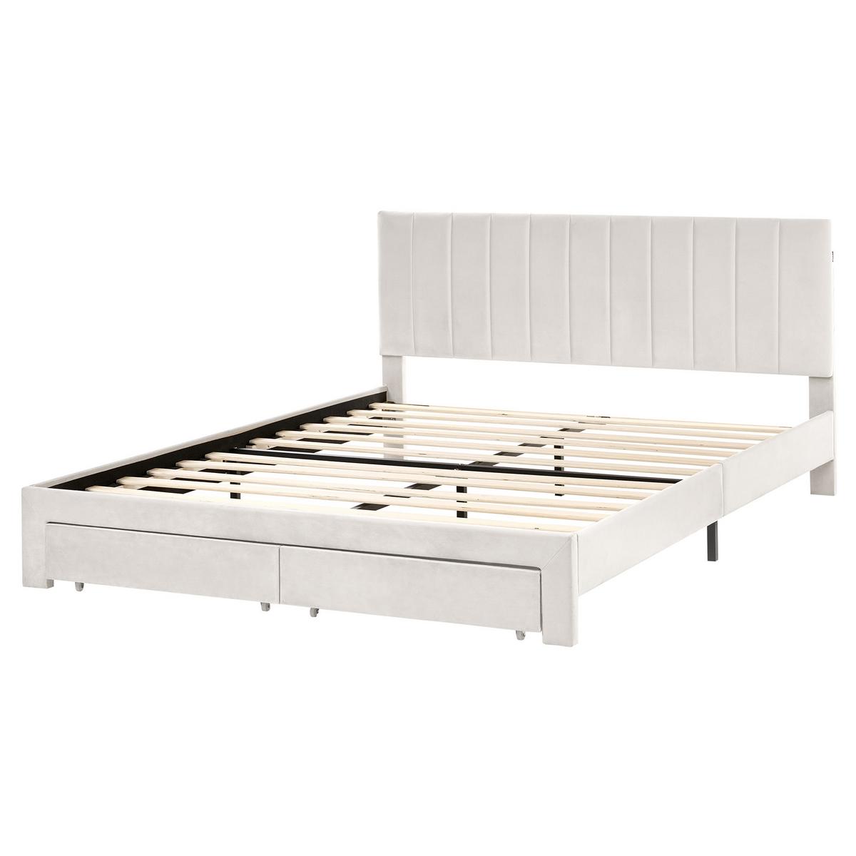 BETT mit Schubladen 160/200 cm Samtstoff Cremeweiß Lonzac - Creme, Textil (160/200cm) - Beliani