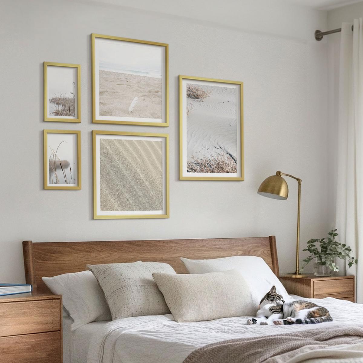 BILDER SET 5er Set - 50x50 cm & 20x30 cm & 40x60 cm Goldrahmen - Vegetation am Wasser im Sommer - Goldfarben, Kunststoff (40/60cm) - TULUP