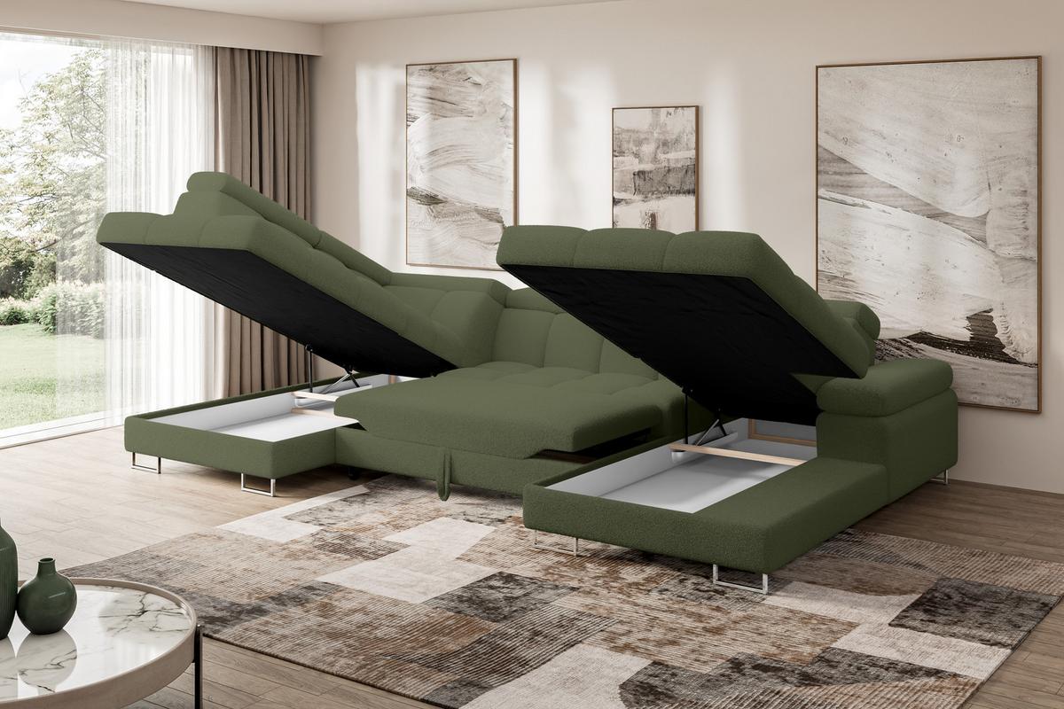 WOHNLANDSCHAFT mit Schlaffunktion und Bettkasten Ottomane Links COMA U 345x203x79 Grün Bouclé - Smaragdgrün, Holzwerkstoff/Textil (345/79/203cm) - ALTDECOR