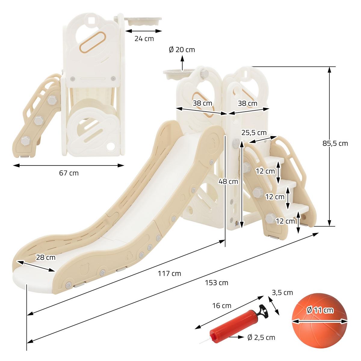 KINDERRUTSCHE 3 in 1 Kleinkinderrutsche mit Turm und Basketballkorb Weiß-Beige - Beige, Kunststoff (91/85.5/153cm) - Joyz