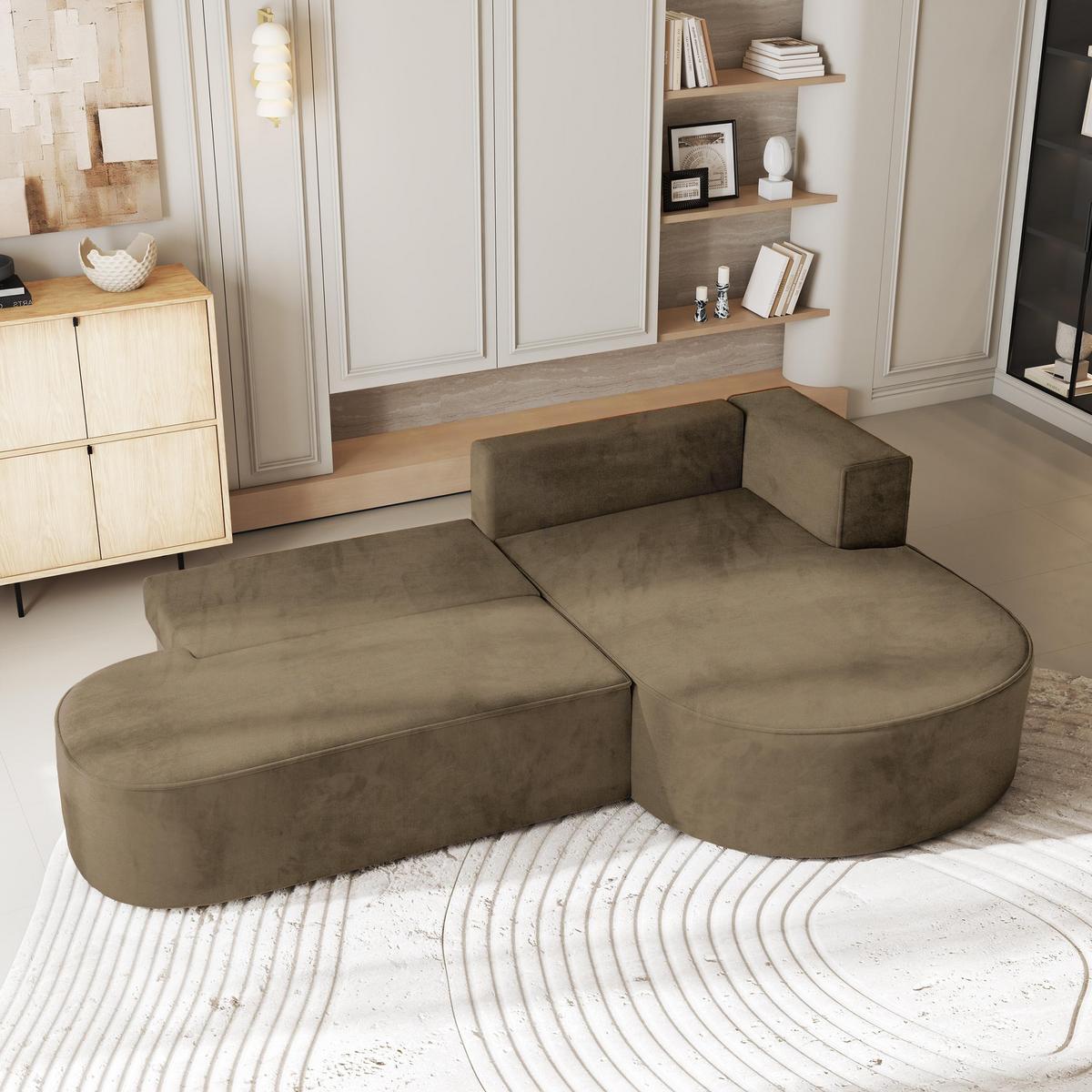 ECKSOFA CORTIO M R-S Beige Velours-Stoff mit Schlaffunktion - Beige/Grau, Holz/Kunststoff (265/174cm) - MASSENO