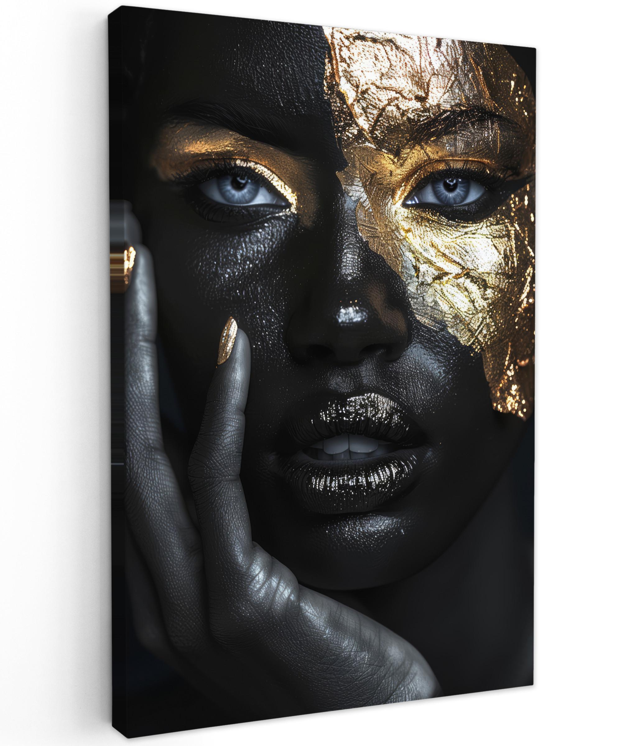LEINWANDBILD Frau - Gold - Porträt - Schwarz-Weiß - Luxus Wanddeko 40x60 cm - Hellblau, Textil (40/60cm) - MuchoWow