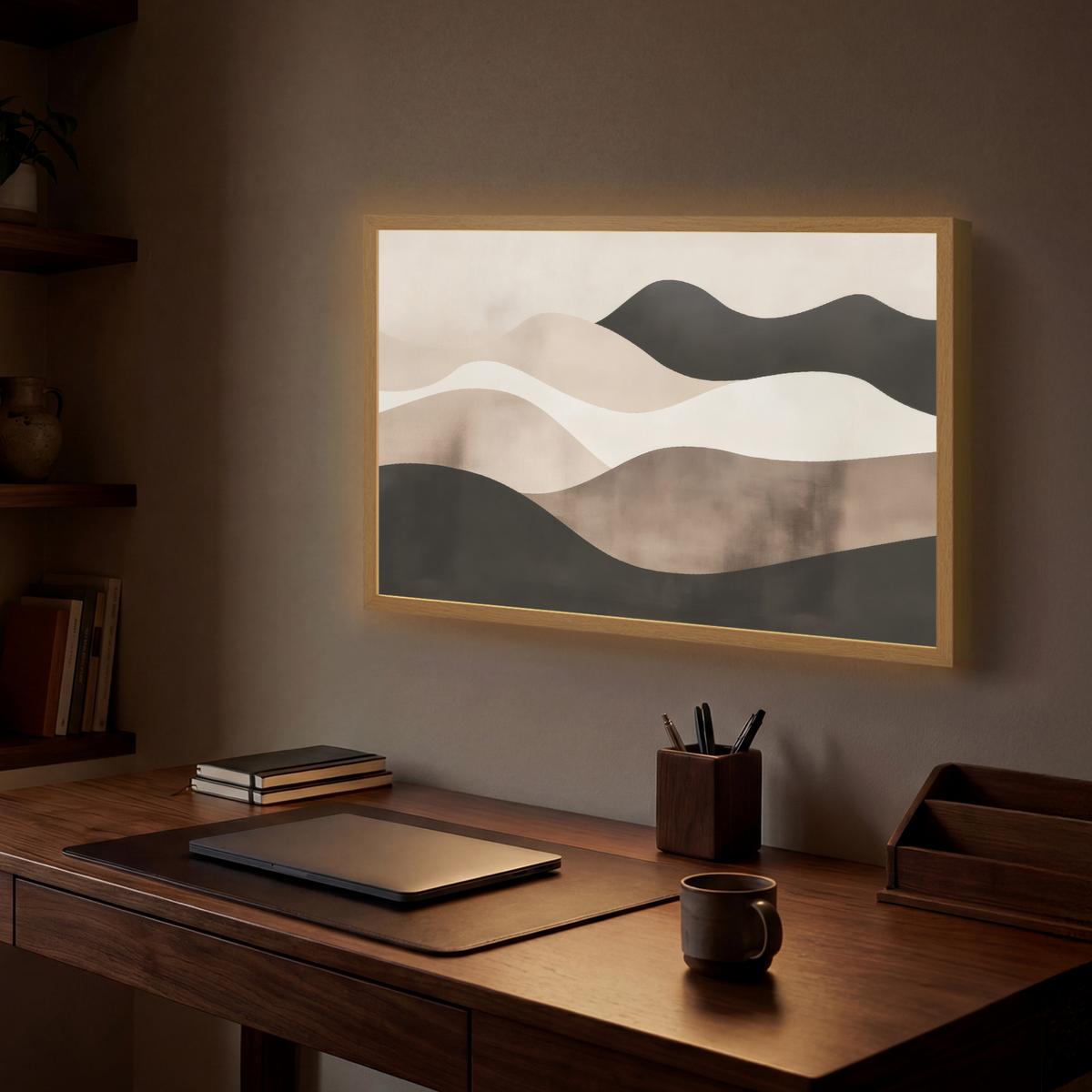 WANDLEUCHTE MIT AKKU Abstrakt - Landschaft - Wellen - Cremefarben 60x40 cm - Graubraun, Holzwerkstoff (60/40/8cm) - OnlyWow