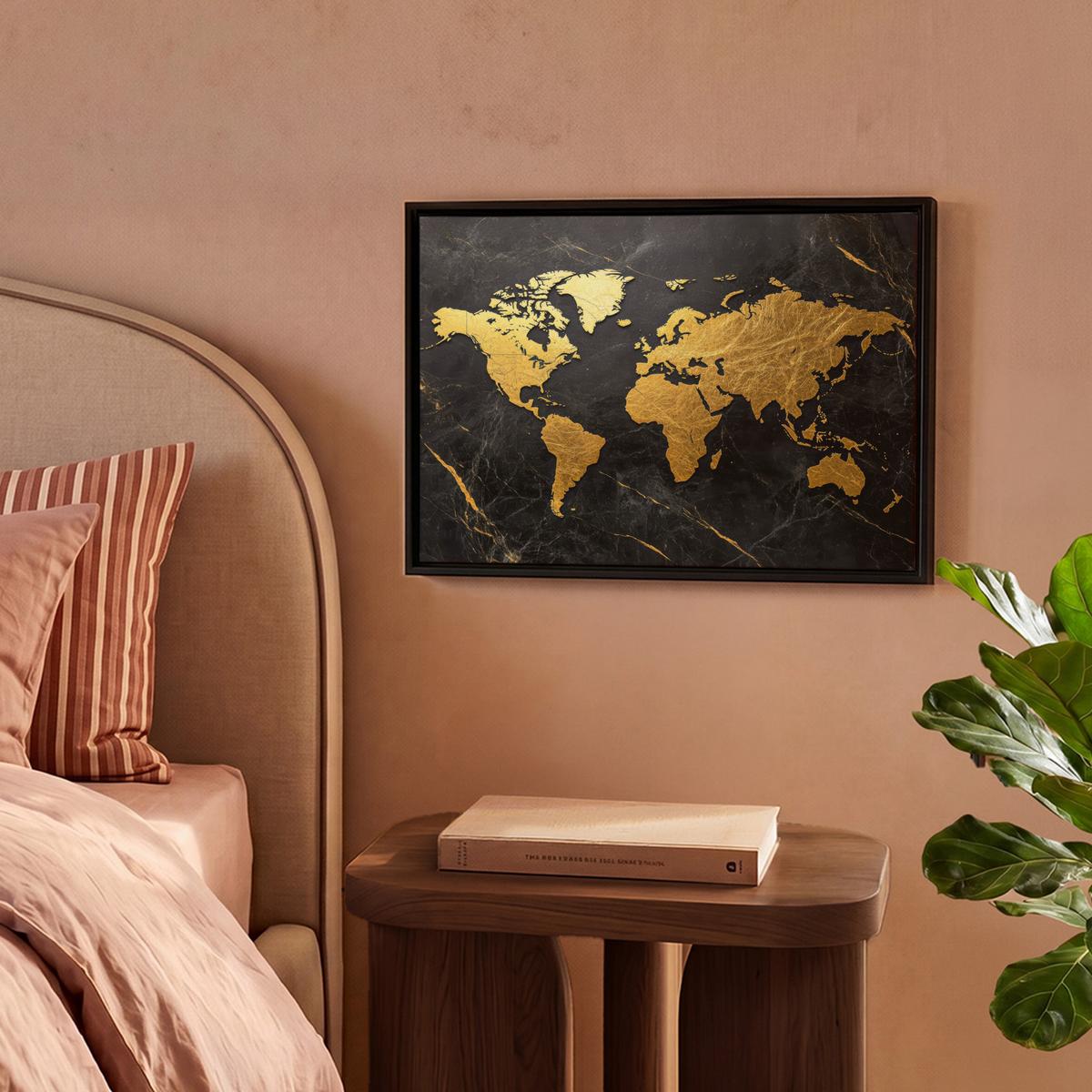 LEINWAND Bilder mit Rahmen - Weltkarte - Gold - Marmor - 40x30 - Goldfarben, Textil (40/30cm) - MuchoWow
