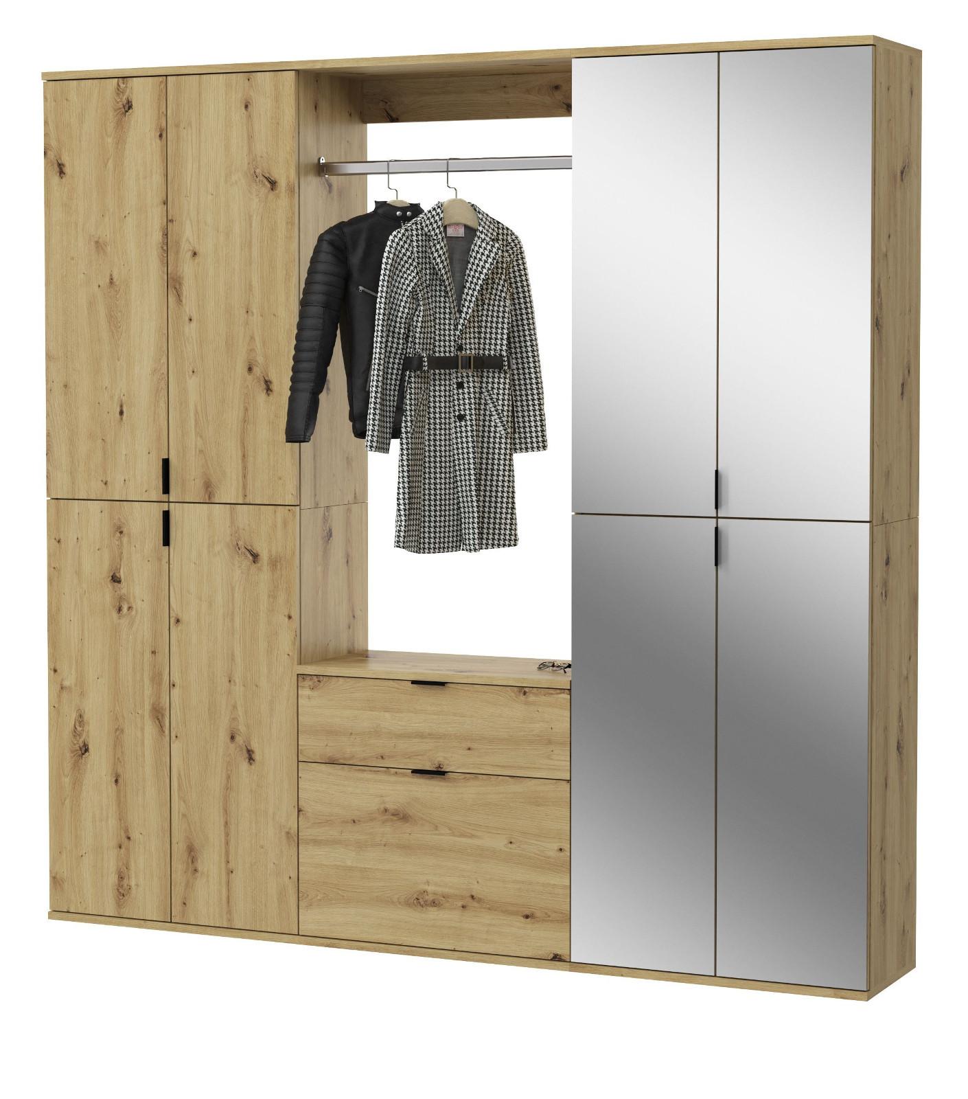 GARDEROBEN-SET Artisan Eiche 183 cm, Komplettset mit flexibler Inneneinteilung - Schwarz/Eiche Artisan, Glas/Holzwerkstoff (183/193/34cm) - Inn.Furn
