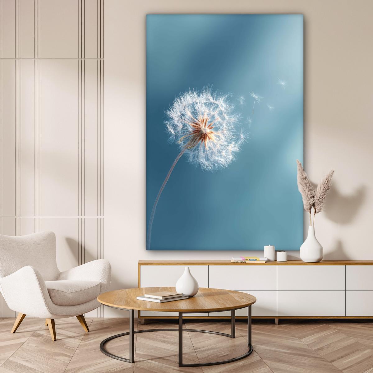 LEINWANDBILD Löwenzahn - Wind - Blau Deko Groß 90x140 cm - Blaugrau, Textil (90/140cm) - MuchoWow