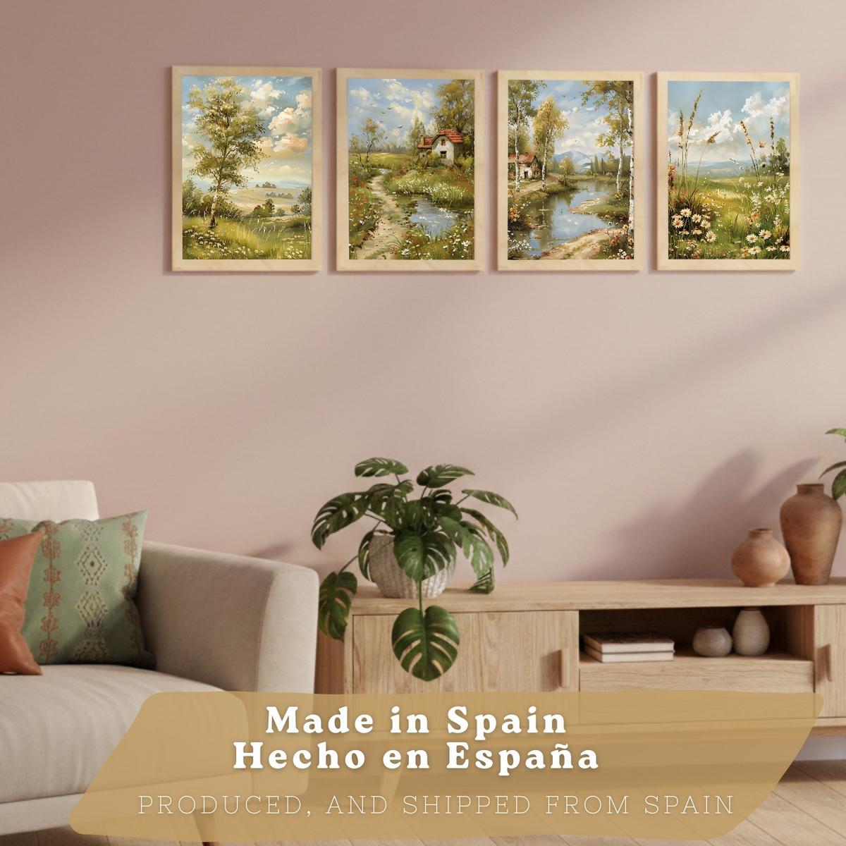 POSTER 4er Bilder-Set Wandbilder Impressionismus Landschaft modern Wohnzimmer Deko, Schlafzimmer, Küche, Badezimmer Leichter Holzrahmen A4 - Beige, Papier (29.7/1/21cm) - Nacnic