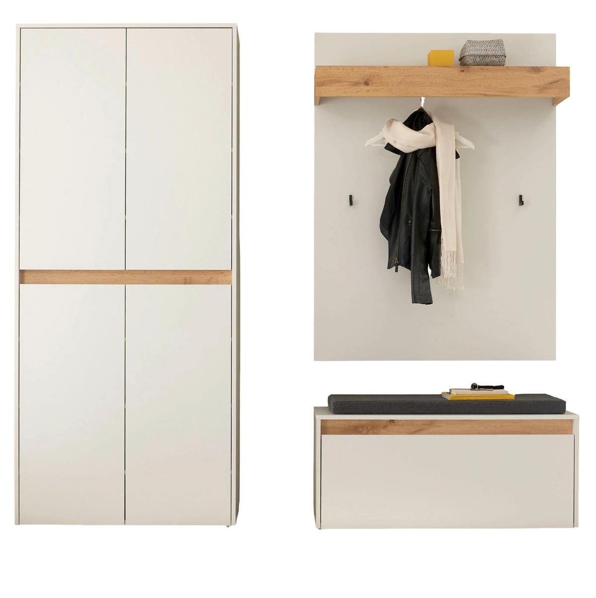 GARDEROBEN-SET weiß matt, Eiche Wotan 195 cm 4-teilig, Flurgarderobe mit viel Stauraum - Eiche Wotan/Schwarz, Holzwerkstoff/Kunststoff (195/200/40cm) - Furn.Design