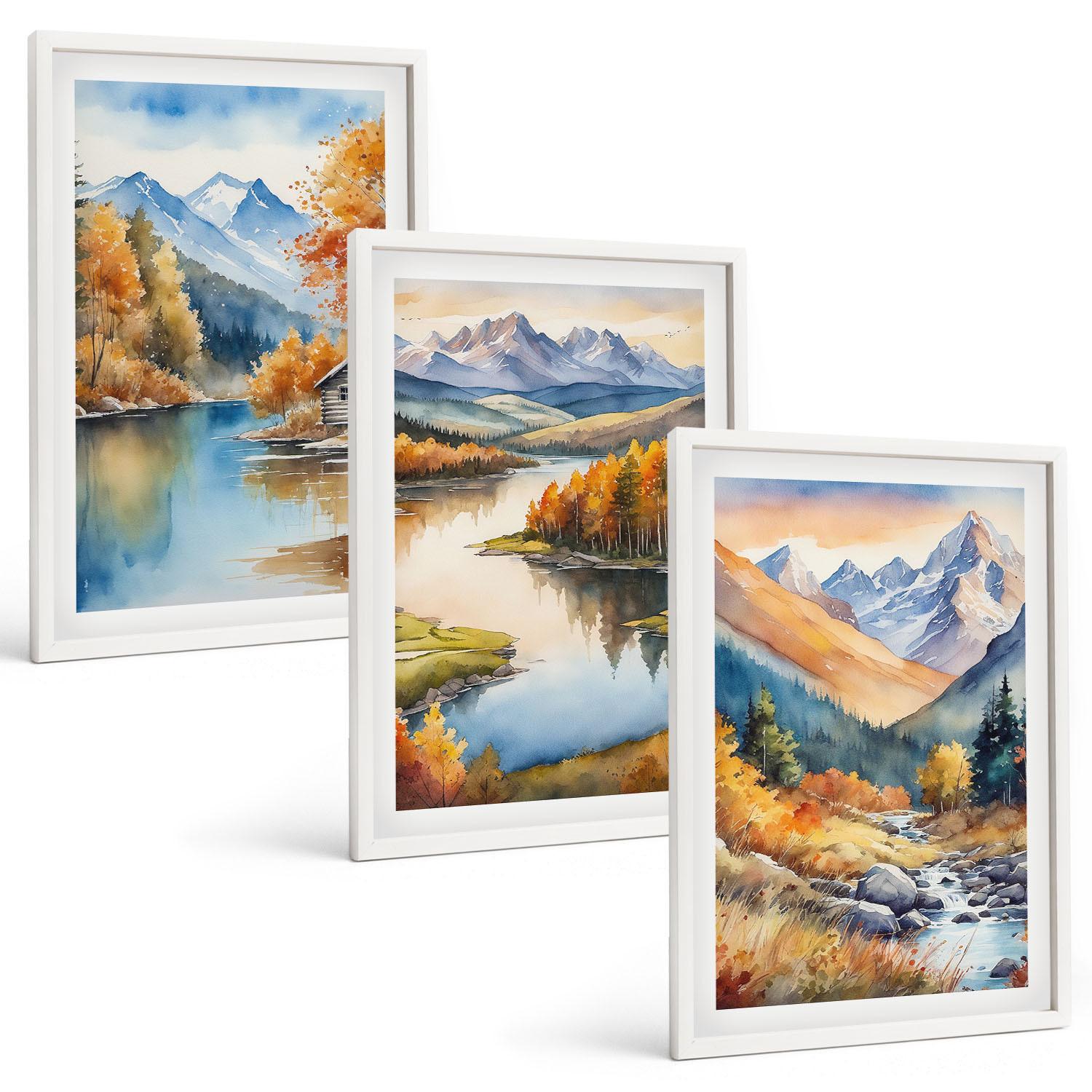 BILDER SET 3er Set - 40x60 cm Weißer Rahmen - Gebirgsflüsse, Herbstbäume - Weiß, Kunststoff (40/60cm) - TULUP