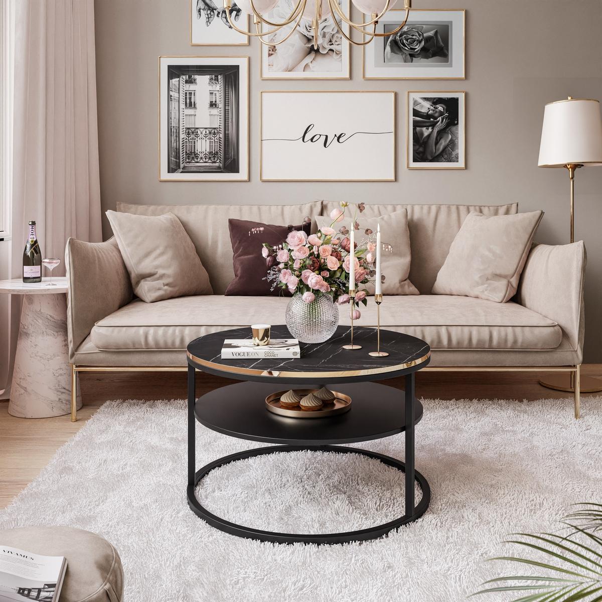 COREIL MARMUR runder Couchtisch mit Ablage Schwarz / Schwarz Grigia pietra - Schwarz, Holzwerkstoff (70/70/49cm) - Lookway