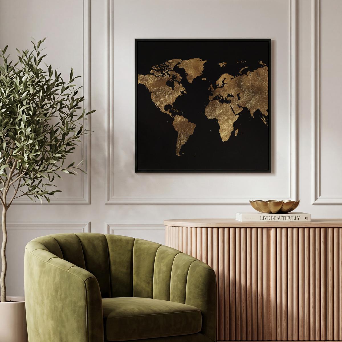 LEINWAND Bilder mit Rahmen - Weltkarte - Gold - Luxus - Erde - Schwarz - 50x50 - Goldfarben, Textil (50/50cm) - MuchoWow