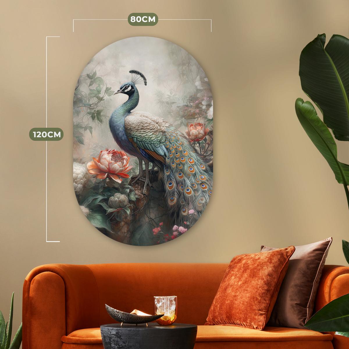 WANDBILD Pfau - Pfauenfedern - Vogel - Dschungel - Blumen Deko Groß 80x120 cm - Smaragdgrün, Kunststoff (80/120cm) - MuchoWow