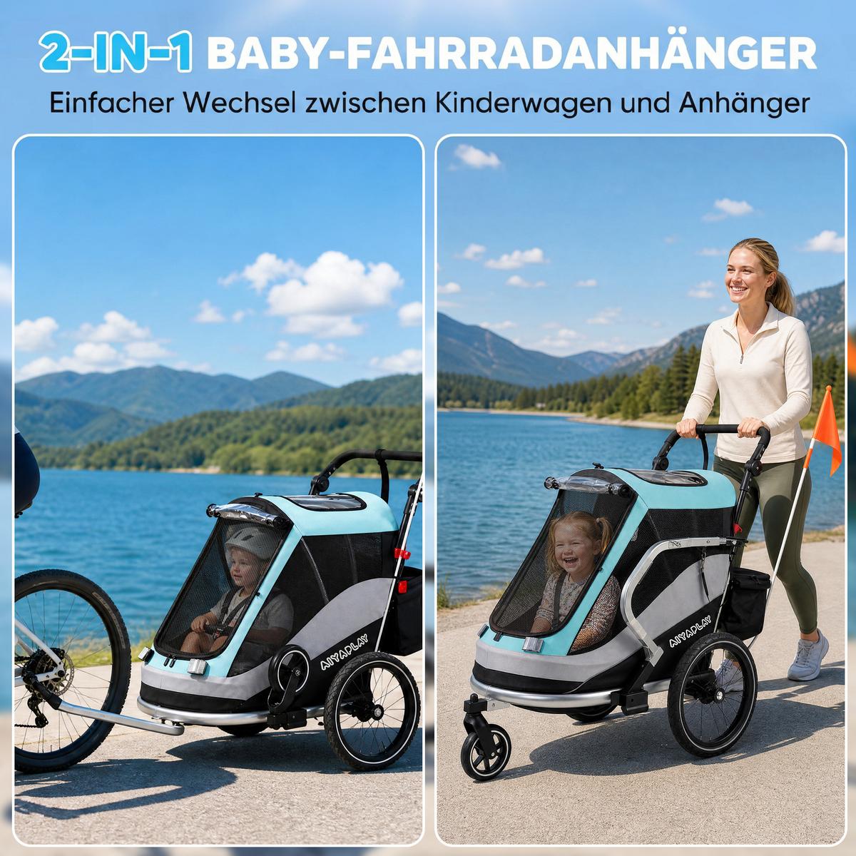KINDER-FAHRRADANHÄNGER Stahl Aluminium Hellblau - Hellblau, Metall (65/98/155cm) - AIYAPLAY