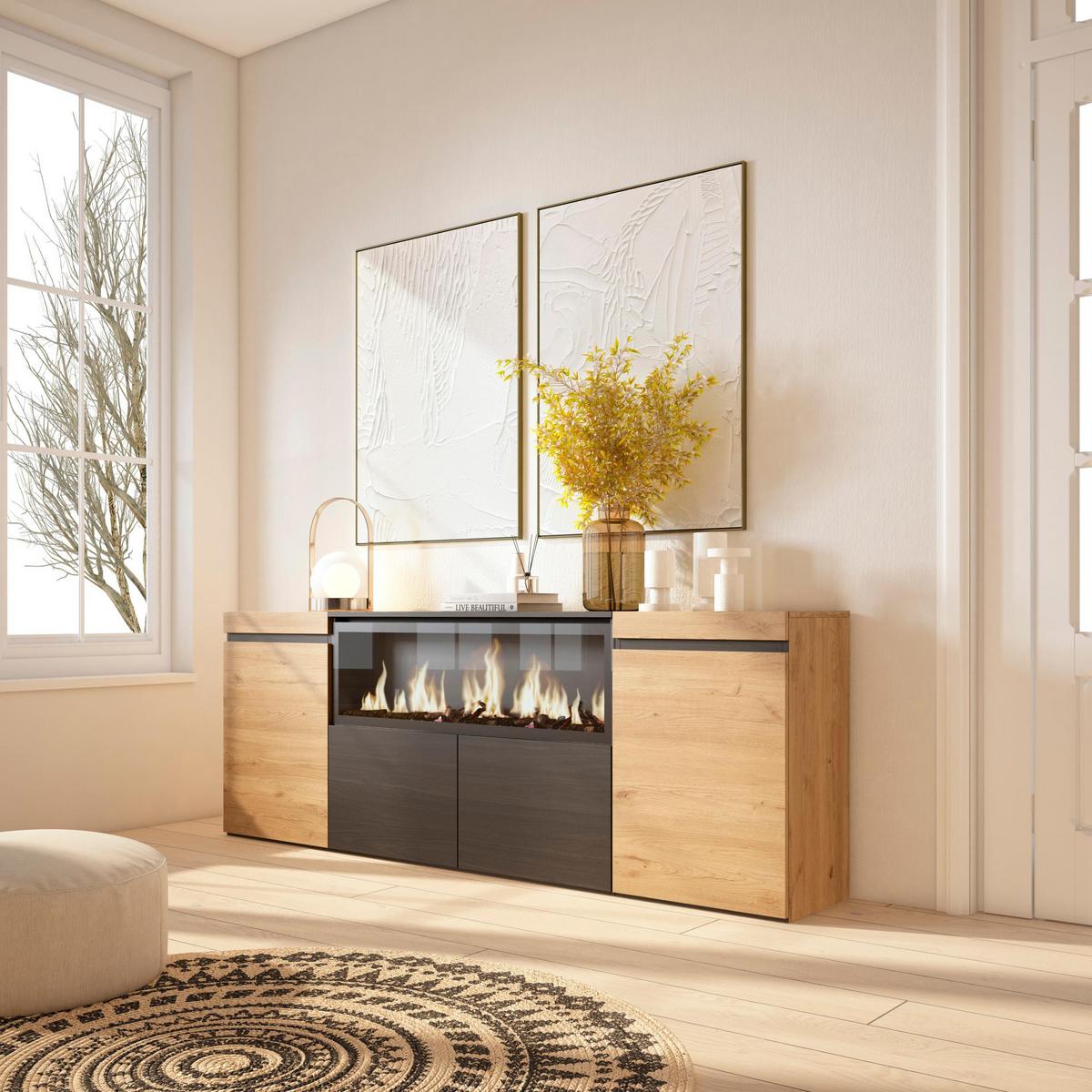 SIDEBOARD Elektrokamin XXL, eiche, schwarz, 208/35/75cm - Eichefarben/Multicolor, Holzwerkstoff (208/75/35cm) - Skraut Home