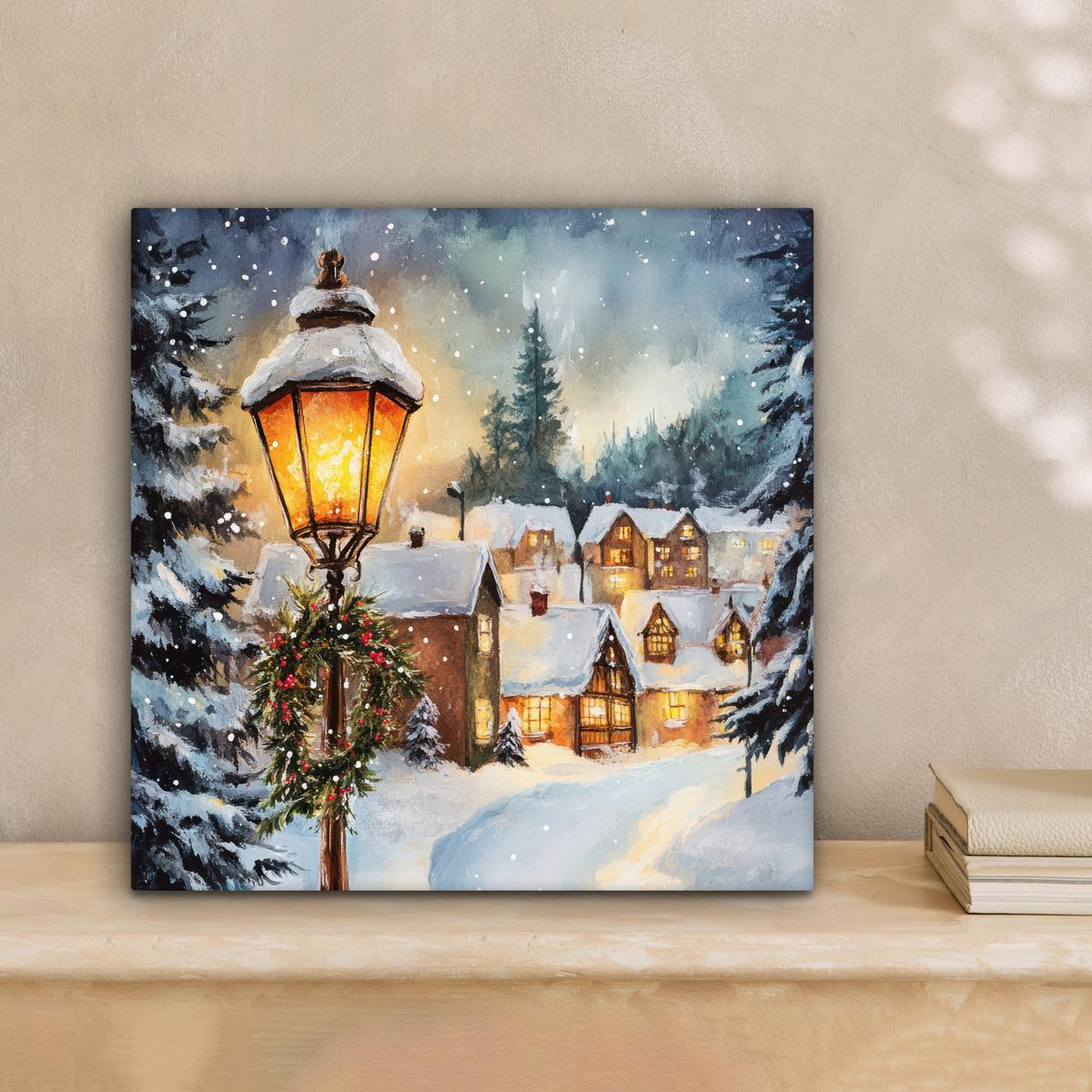 LEINWANDBILD Weihnachtsdorf - Häuser - Schnee - Weihnachten Deko Wohnzimmer 20x20 cm - Sandfarben, Textil (20/20cm) - MuchoWow